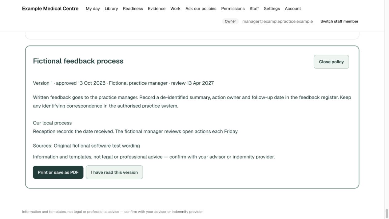 Fictional approved policy with a version-specific acknowledgement control