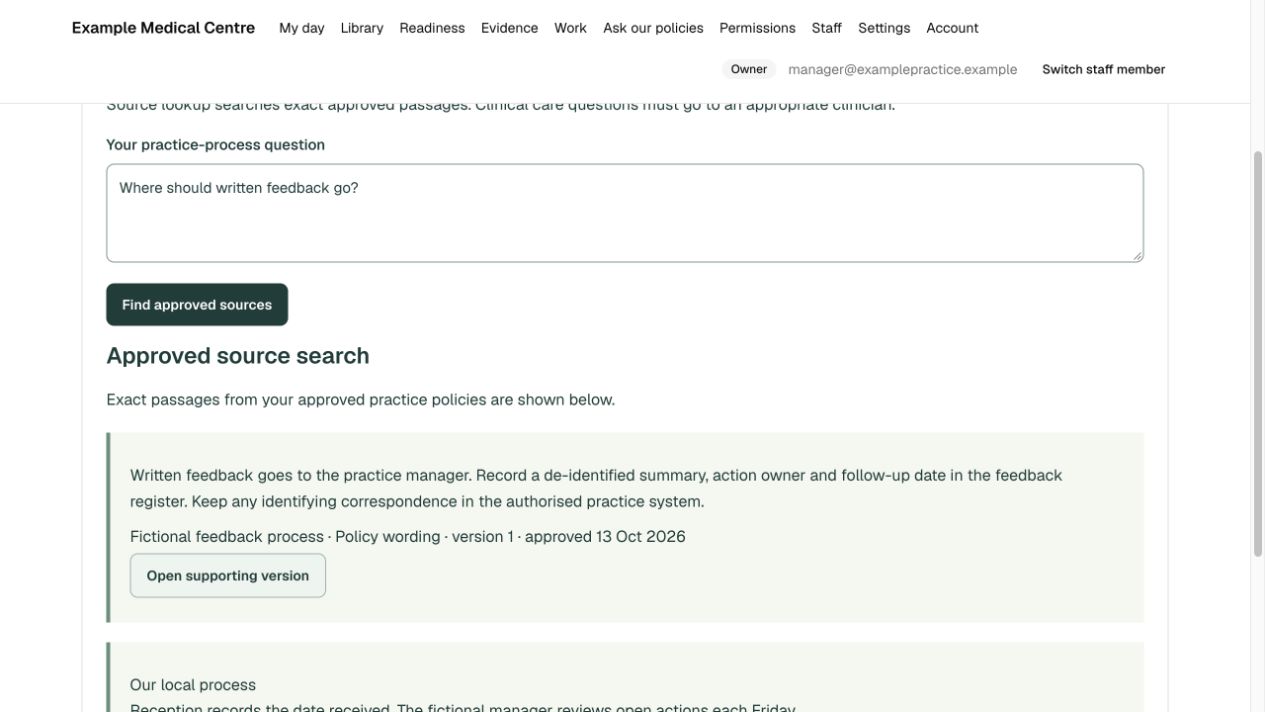 Source lookup returning a passage from an approved fictional policy