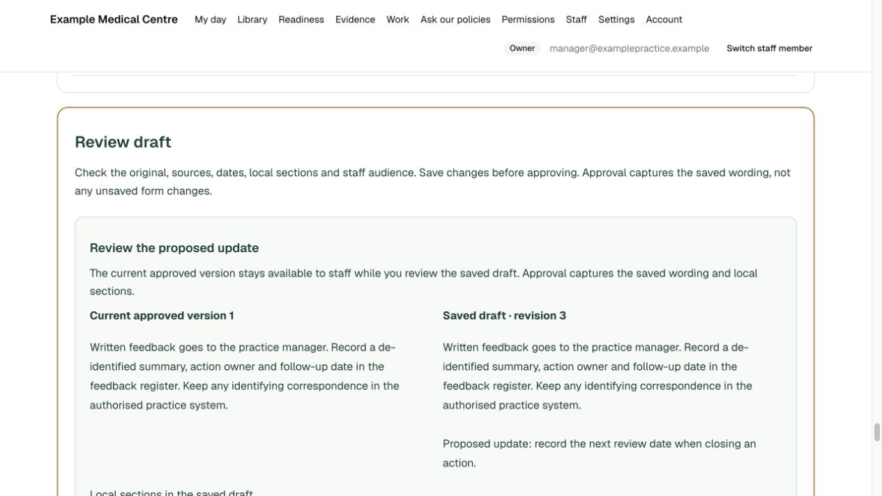 Current approved wording compared with a proposed update, retaining local practice arrangements